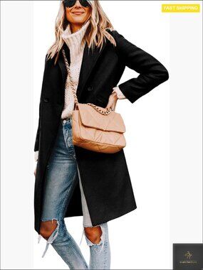 Classic Wool Pea Coat Elegant Slim Fit Notch Lapel Long Sleeve Winter Coat